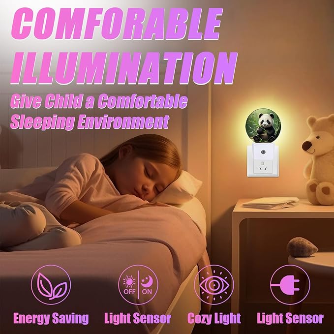 Cute Panda Night Light Animals Night Lights LED Lamp Round Plug into Wall Nightlight with Dusk to Dawn Sensor Home Hallway Stairway Kitchen Decor