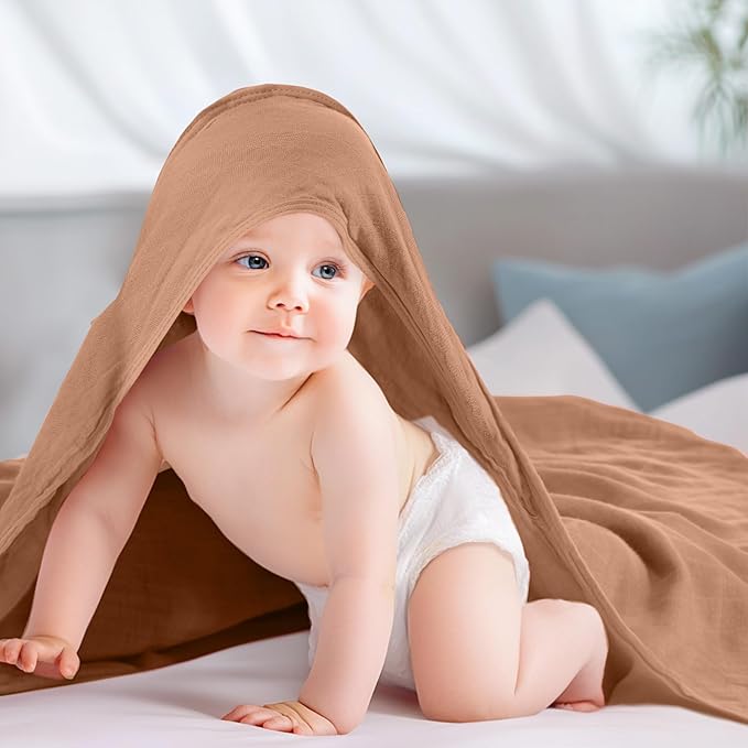 Preboun 6 Pcs Muslin Hooded Baby Towels and Washcloths 32"x 32" Cotton Newborn Bath Towel Anti-Shrink Infant Baby Blankets with Hood 12"x 12" Washcloths for Girl Boy Toddler(Grey,Coffee)