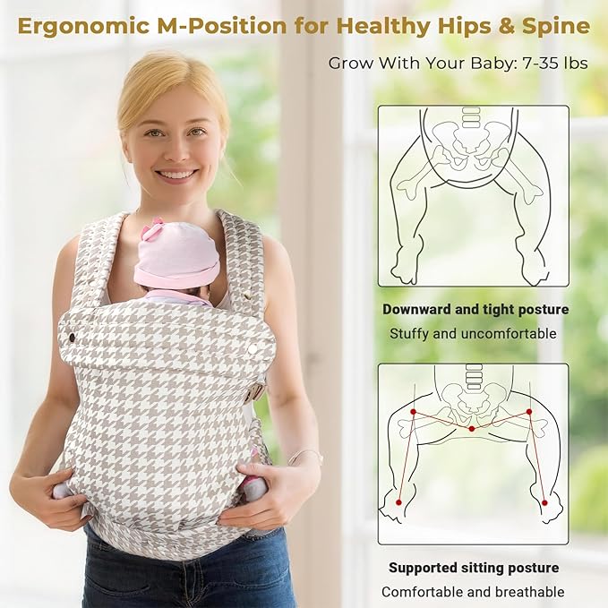 CycleMore Ergonomic Baby Carrier Newborn to Toddler - Lightweight & Breathable Infant Carrier with 3 Carry Positions, Hip-Healthy M-Shape Seat for 7-35 lbs (Houndstooth)