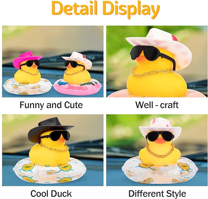 wonuu Car Rubber Duck, Yellow Duck Decoration Dashboard with Sun Hat Swim Ring Necklace Sunglasses for Car Dashboard Decorations, Pink White Cowboy Hat-Transparent