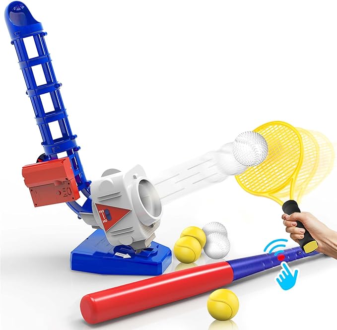 iPlay, iLearn Kids Pitching Machine Toys, 2 in 1 RC Baseball Tennis Pitcher, Auto Ball Launching Bat, Boy Outdoor Outside Sports Backyard Game, Birthday Gift 5 6 7 8 10 12 Yr Youth-Partially Assembled