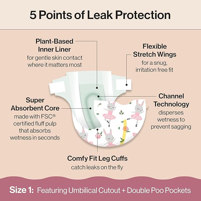 The Honest Company Clean Conscious Diapers for Sensitive Skin, Up to 100% Leakproof Hypoallergenic Fragrance-Free Baby Diapers, Girl Prints, Super Club Box, Size 1 (8–14 lbs), 136 Count