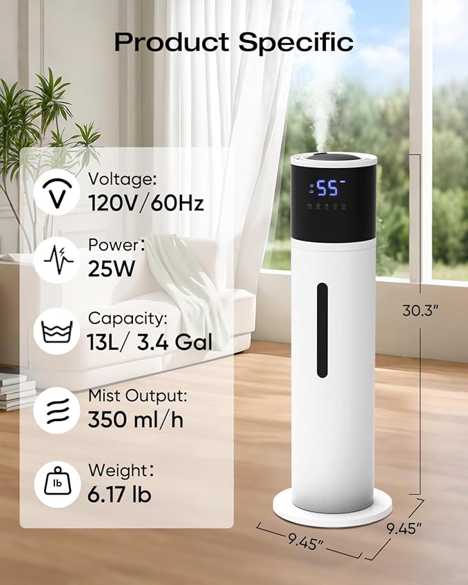 13L Humidifier Large Room, 100H Runtime 28 dB Quiet Cool Mist Air Humidifiers for Bedroom, Baby Nursery, Living Room