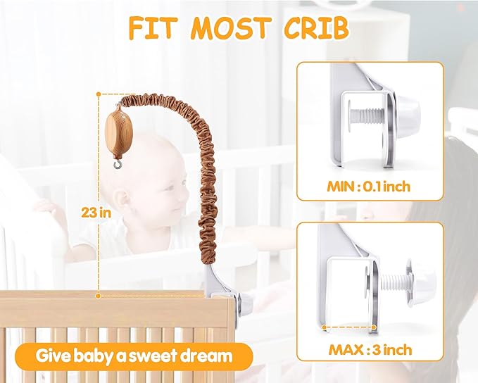 Crib Mobile Arm with Music Box - Imitation Wood - 23 Inch Mobile Arm for Crib - Crib Mobile Motor Battery Operated - Volume Control - 9 Lullabies - Crib Toys Attachments - Holder for DIY Clamp Mobile