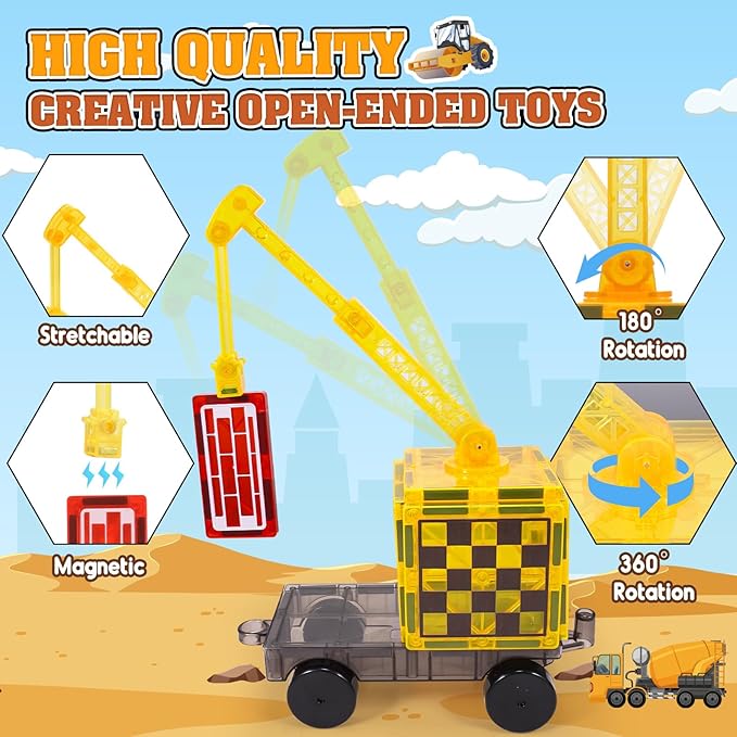 Magnetic Tiles Kids Construction Toys - Road Set with Magnet Crane for Boys Age 3-5 4-8 8-10, Magnet Building Blocks Expansion Pack Toy Car Track Train Set, Road, Dolls, Traffic Lights and Stations