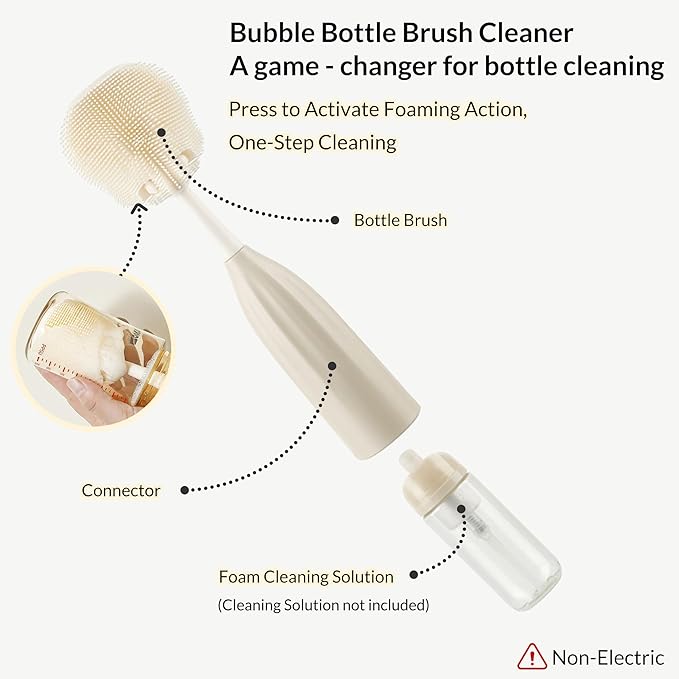 Baby Bottle Brush Kit with Push-Press Bubble and Drying Rack for Bottle Cleaning, Bendable Bottle Cleaner Brush for Baby Bottles, Breast Pumps, Nipples, Straws and More. Perfect for Home&Travel