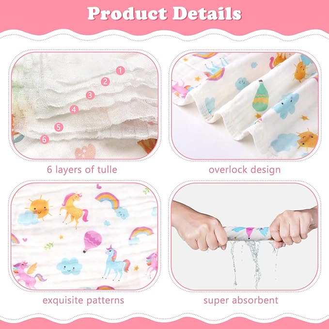 Baby Burp Cloths Muslin Washcloths 6 Pack Muslin Burp Cloths 100% Cotton Large 20''x12'' Soft 6 Layers Baby Burp Rags for Boys Girls Baby Essentials for Newborn Gift Machine Washable