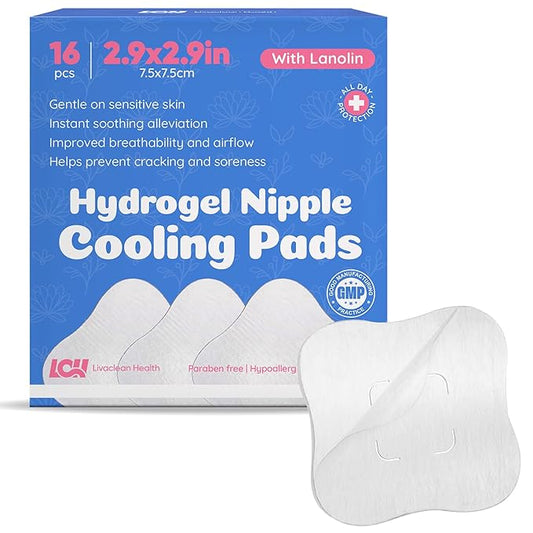 16CT Hydrogel Nipple Pads for Breastfeeding with Lanolin - Cooling Sore Nipple Gel Soothing Pads - Breast Feeding Essentials for Moms by Livaclean Health