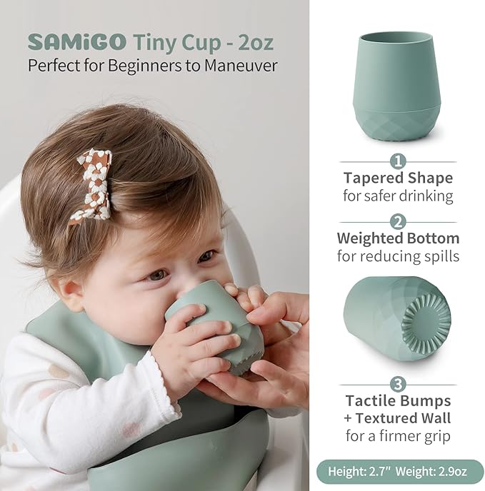 SAMiGO Silicone Baby Utensils - Self Feeding Spoons and Tiny Training Cup - First Stage Baby Led Weaning Supplies for 6 Months+ Infants - Set of 3