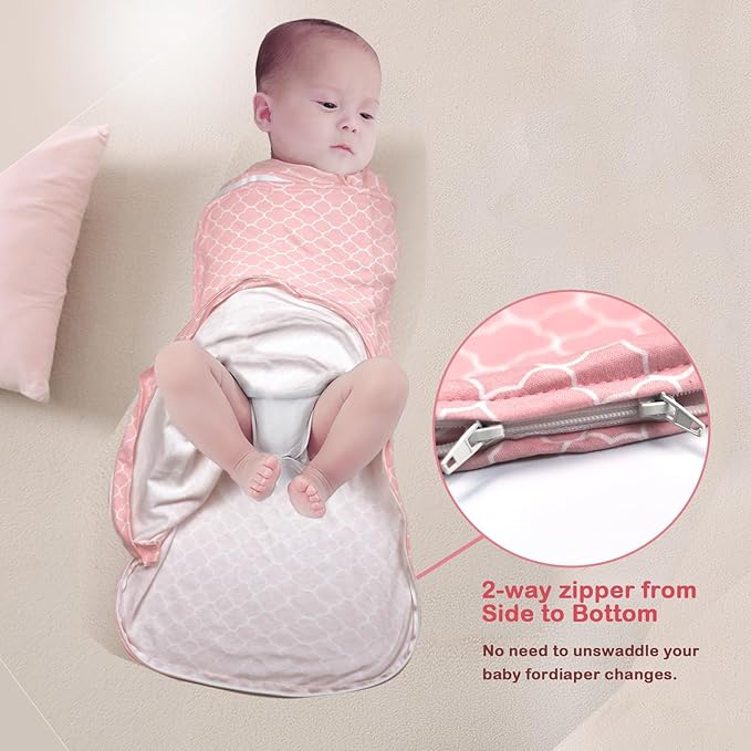 Baby Swaddle,Sleep Sack 3-6 Months,3-Way Adjustable Wearable Transition Blanket Boy and Girl,100% Cotton,TOG 1.0 (Pink, Medium（3-6 Months）)