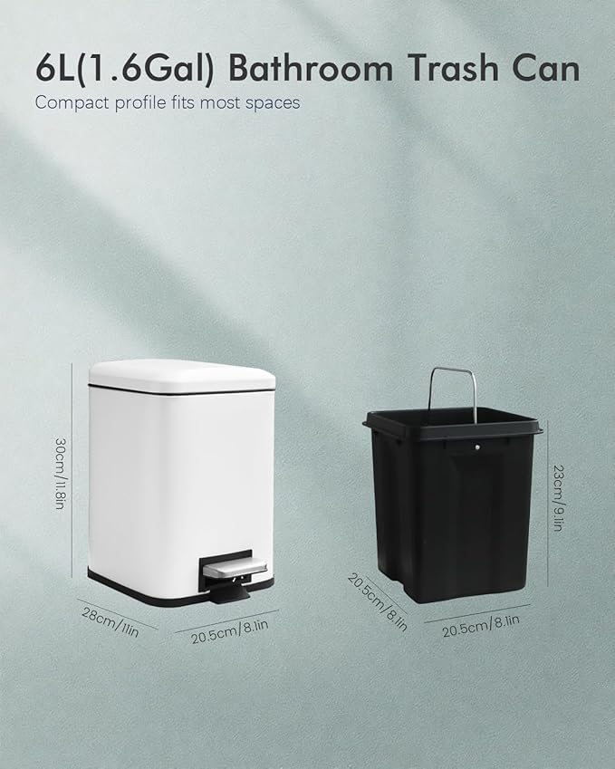 Bathroom Trash Can with Lid, 6 Liter / 1.6 Gallon Small Trash Can with Removable Liner Bucket, Soft Close lid & Step Pedal, White Stainless Steel Garbage Can for Bedroom, Office