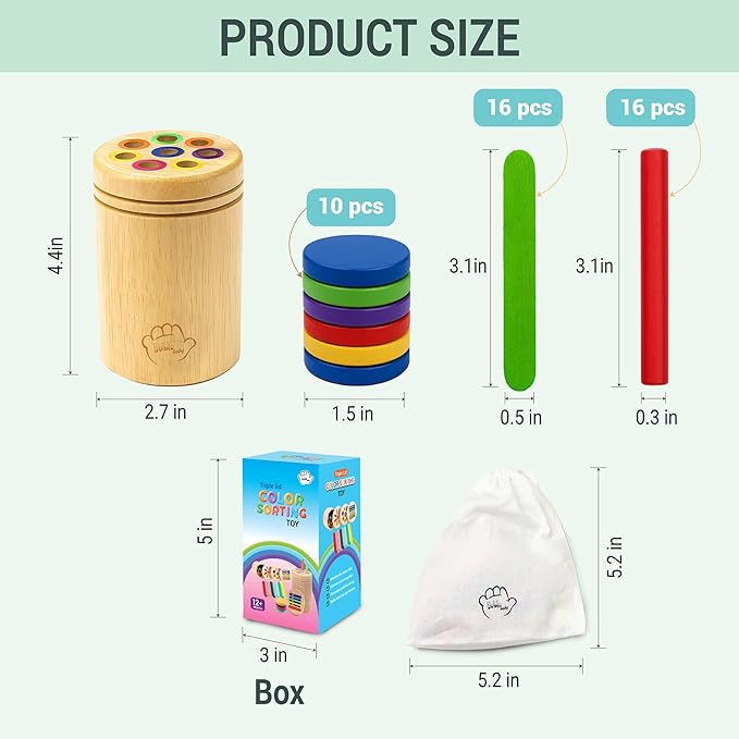 Montessori Color Sorting Toy for Toddlers Ages 1-5 – Wooden Fine Motor Skills Toy with Pegs, Sticks, Lids & Discs – Sensory Educational Activity – Gift-Ready in Box Learning Toy
