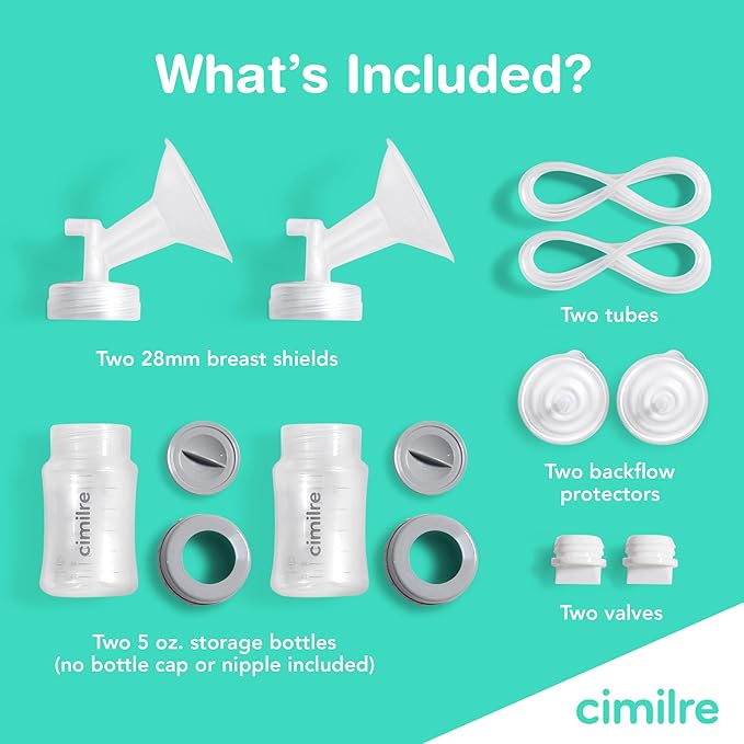 Cimilre 28MM Breast Milk Collection Kit, Double Pumping Breast Milk Collector Kit to Store Breast Milk, Includes Breast Shields, Valves, Backflow Protectors & Bottles