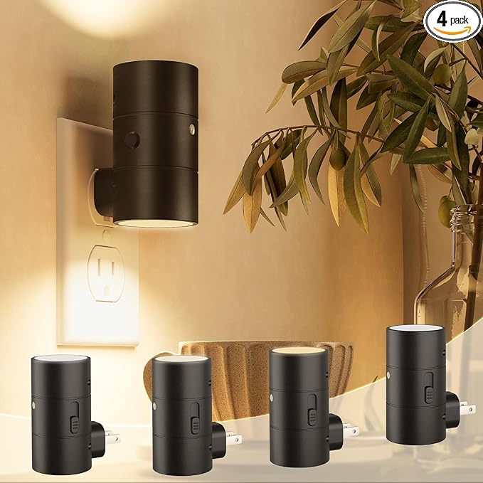 NIORSUN Night Lights Plug into Wall, Dimmable with 3 Color Modes & Auto On/Off Sensor, Ultra-Slim Nightlight for Hallway, Bathroom, Bedroom, Nursery, Kitchen (4 Pack, Black)