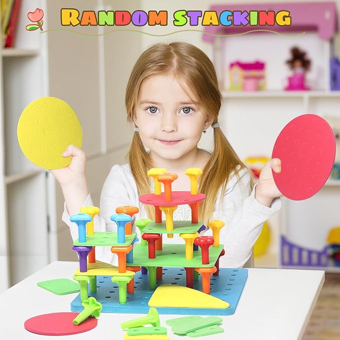 Peg Board Toy set 73Pcs DIY Building Stacking Toys for Kids 3-6 Years Old,STEM Educational Kids Toy for Brain Development,Montessori Sensory Toys,Upgrade Various Foam Board Plastic Lacing String Game