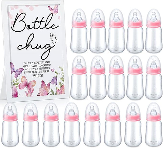 Roowest Bottle Chug Baby Shower Game Favors Including Pink Butterfly Theme Wooden Sign and 18 Pcs Feeding Bottles for Gender Reveal Party Supplies
