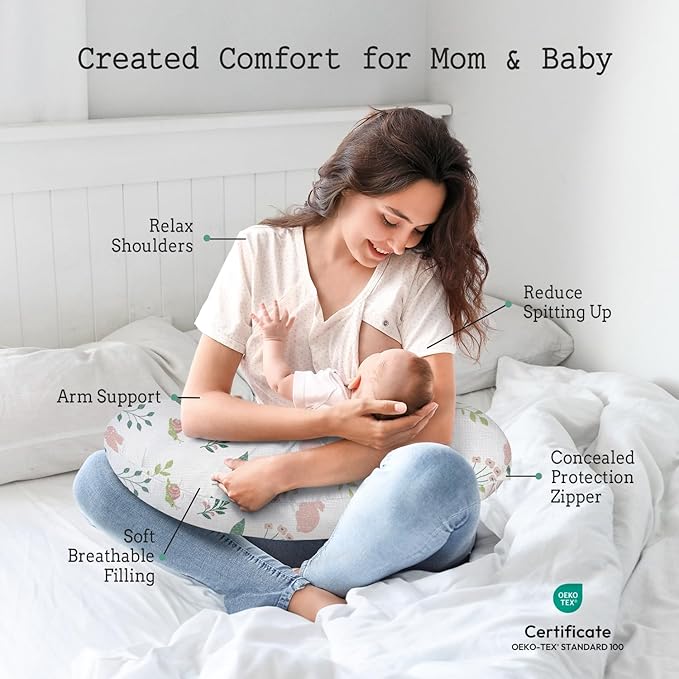 Little Grape Land Nursing Pillow, Soft 100% Cotton Breastfeeding Pillow with Breathable Muslin Cotton Removable Cover, Pink Bunny Breast Feeding Pillows for Babies 0-12 Months with Protective Zipper