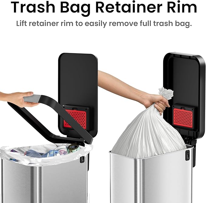 iTouchless SoftStep EXP 50 Liter / 13.2 Gallon Slim Step Pedal Kitchen Trash Can with Odor Filter, Soft Close Lid, Stainless Steel Recycling Bin, Dent-Proof Plastic Lid, for Home Office Work Business