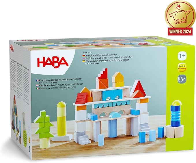 HABA Colored Wooden Building Blocks - Set of 85 Piece Set of Wooden Toys, Stacking Toys for Toddlers 1-3 Ideal Open Ended STEM Play (Made in Germany)