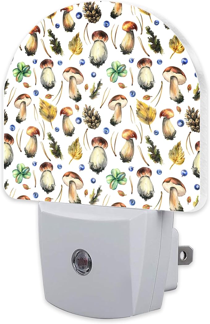 Boletus Mushrooms with Blueberries Night Light Plug into Wall,Forest Botanical Plants Leaves Dusk to Dawn Night Light,0.5w Energy Saving Friendly Nightlights for Kids Boys Girls