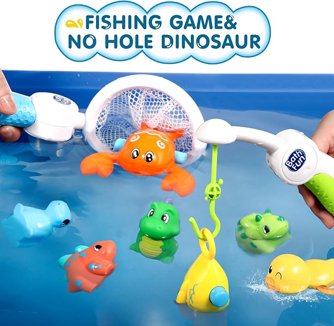Bath Toys for Kids Ages 3-5, Bathtub Toy with Slide Track and Shower Head, Fishing Floating Toy with No Hole Dinosaur, Bathtub Toys for Kids Ages 4-8