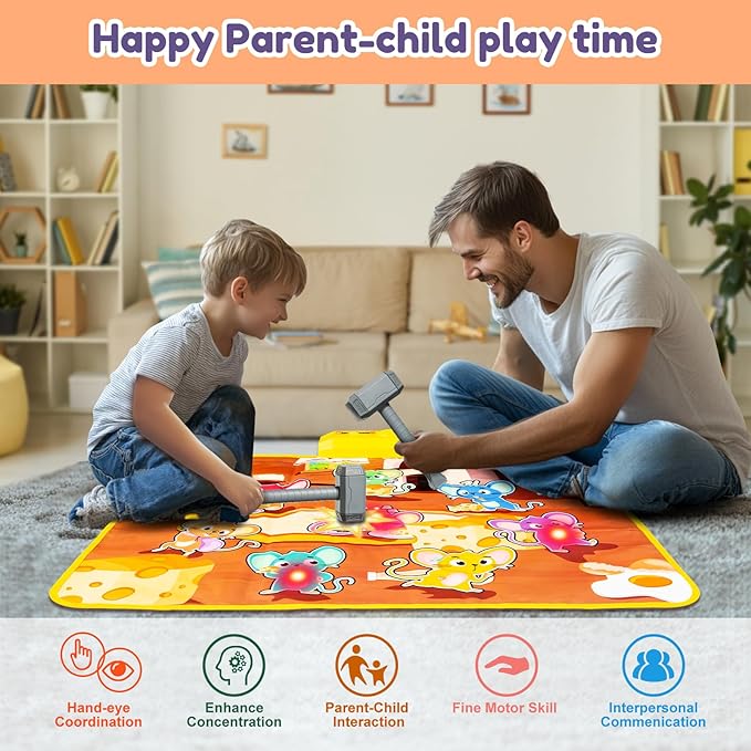 HmiL-U Whack a Mole Game Mat for Kids Ages 3-6 |Pounding Game for Kids with LED Lights & 2 Hammers|Interactive Educational Toy with Sound and Light|Christmas Birthday Gifts for Toddlers