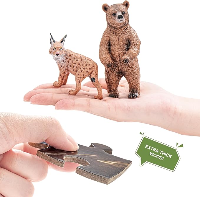 12PCS Large North American Animal Figurines & 67PCS Large Woodland Jigsaw Puzzles Toys for Preschool Kids Toddlers, Ideal Realistic Safari Animals Toys Gift for Toddlers Kids