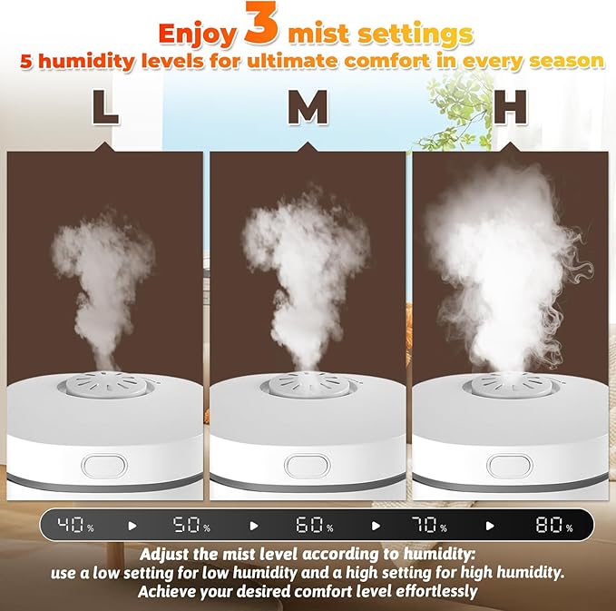 3.3L Warm Mist Humidifier for Bedroom Large Room, Stainless Steel Air Humidifier 0.87Gal Steam Humidifiers with Humidity Sensor Sleep Mode Auto Shut-off, Quiet & Safe for Baby Nursery Office Plants