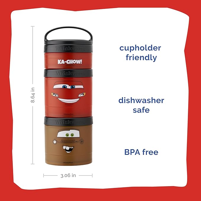 Whiskware Disney Pixar Stackable Snack Containers for Kids and Toddlers, 3 Stackable Snack Cups for School and Travel, Cars Lightning McQueen and Mater