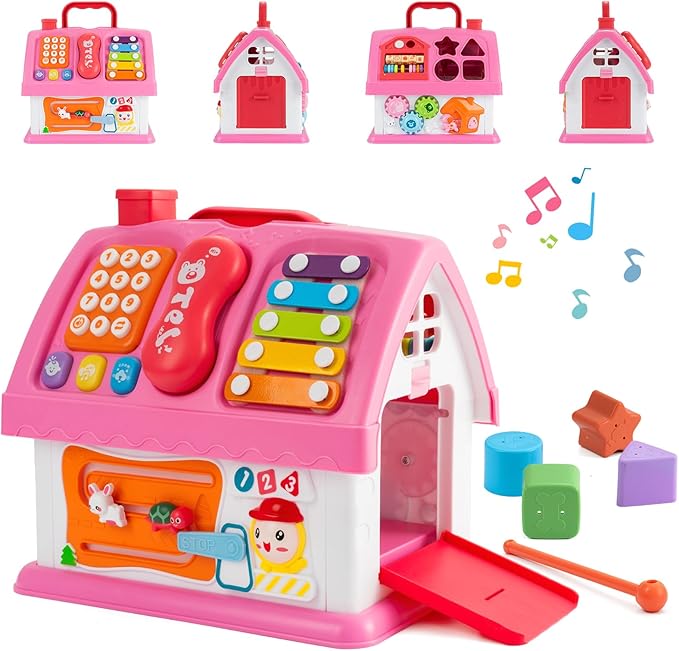 Montessori Toys for 1 Year Old, Baby Music Toys for 1 Year Old Girl Gift, 12-in-1 Musical House Toddler Learning Toy for 1 2 3 Ages, First Birthday Gifts for Girls and Boys, Educational Toy, (Pink)