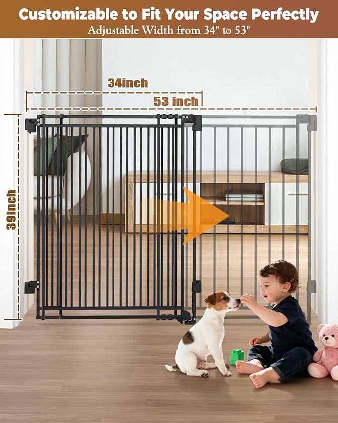 34-53" No Bottom Bar Baby Gates Dog Gate for Stairs, 39" Extra Tall Child Safety Gate with Auto Close Design, Large Walk Thru Door, Extra Wide Hardware Mount Pet Gate for Doorways Deck Indoor Outdoor