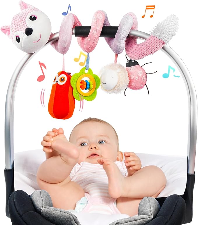 Jollybaby Crib Stroller Car Seat Toys for Baby 0-3-6-9-12 Months, Tummy Time Hanging Sensory Toys for Newborn with Music Box and Teether, Spiral Carseat Toy for Infant Boys Girls Gifts (05-Pink Fox)