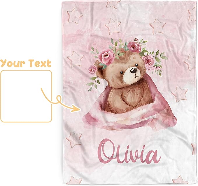 Custom Baby Blanket for Girls, Personalized Baby Blankets with Name, Soft Flannel Double Layer Receiving Swaddle Blanket, Pink Heart Bear Monogram Birthday Gifts for Infants Toddlers(47"x60")