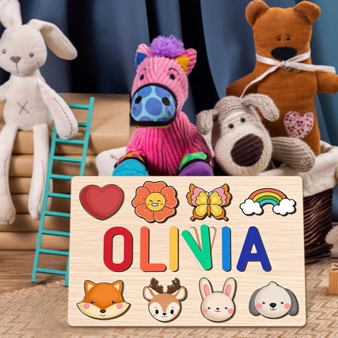 Personalized Name Puzzle for Kids, Custom Wooden Puzzles for Toddlers 1-3 Engraved Text on Back, Personalized Baby Gifts Educational Toys for 1 Year Old Girl Gifts for Birthday Baptism