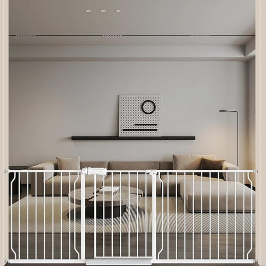 ALLAIBB Extra Wide Pressure Mount Baby Gate Auto Close White Metal Child Dog Pet Safety Gates with Walk Through for Stairs,Doorways,Kitchen and Living Room (76.38-81.10"/194-206cm)