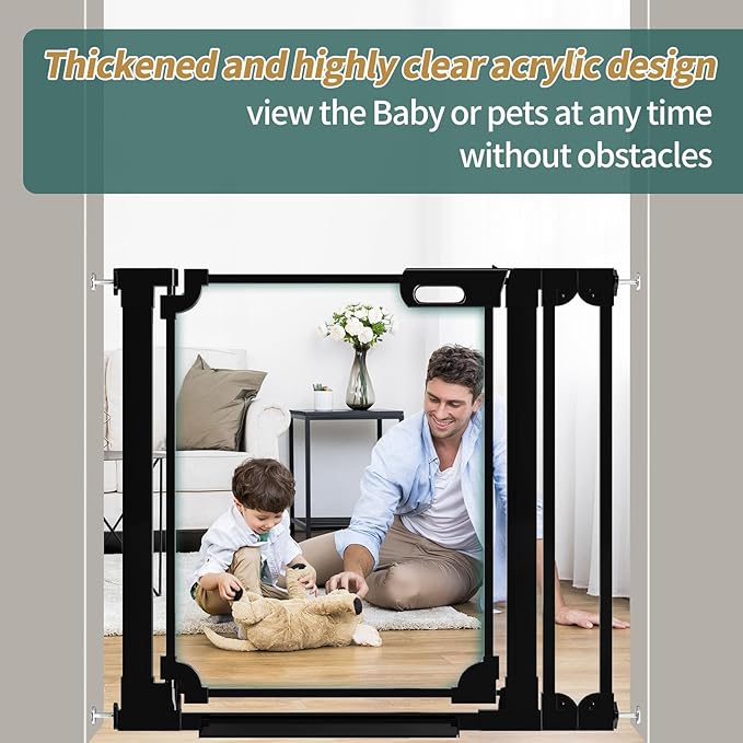 Clear Baby Gate for Stairs,48.42-57.08" Wide, Auto Close Acrylic Pet Gate, Pressure Mounted Clear Dog gate for Doorways, Safety Baby Gate, Indoor, Hallway, Kitchen,Black
