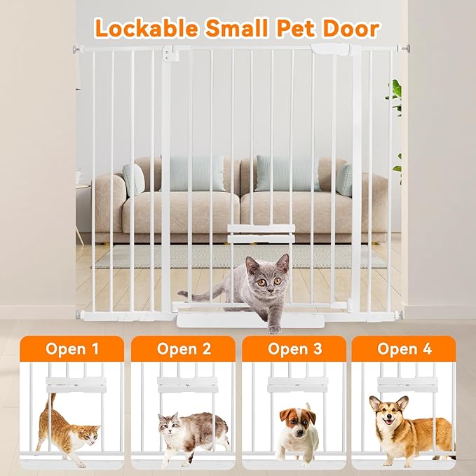 41 Inch Tall Baby Gate with Small Cat Door, Adjustable Auto Close Dog Gate Easy Walk Thru Pet Door for Stairs, Doorway, House (White, 29.52"-43.71" Includes Bolts)