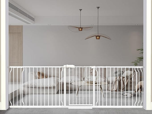 Heavy Duty Baby & Dog Safety Gate 86-104.7 Inch, White Metal, Tension Mounted No Drilling Pet Gate for Large Openings