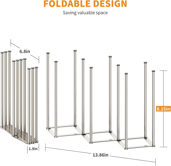 Foldable Baby Bottle Drying Rack-10 Poles Water Bottle Organizer for Cups,Travel Mugs,Silicone Bags- Collapsible Stainless Steel Bottle Rack Dryer (Silver)