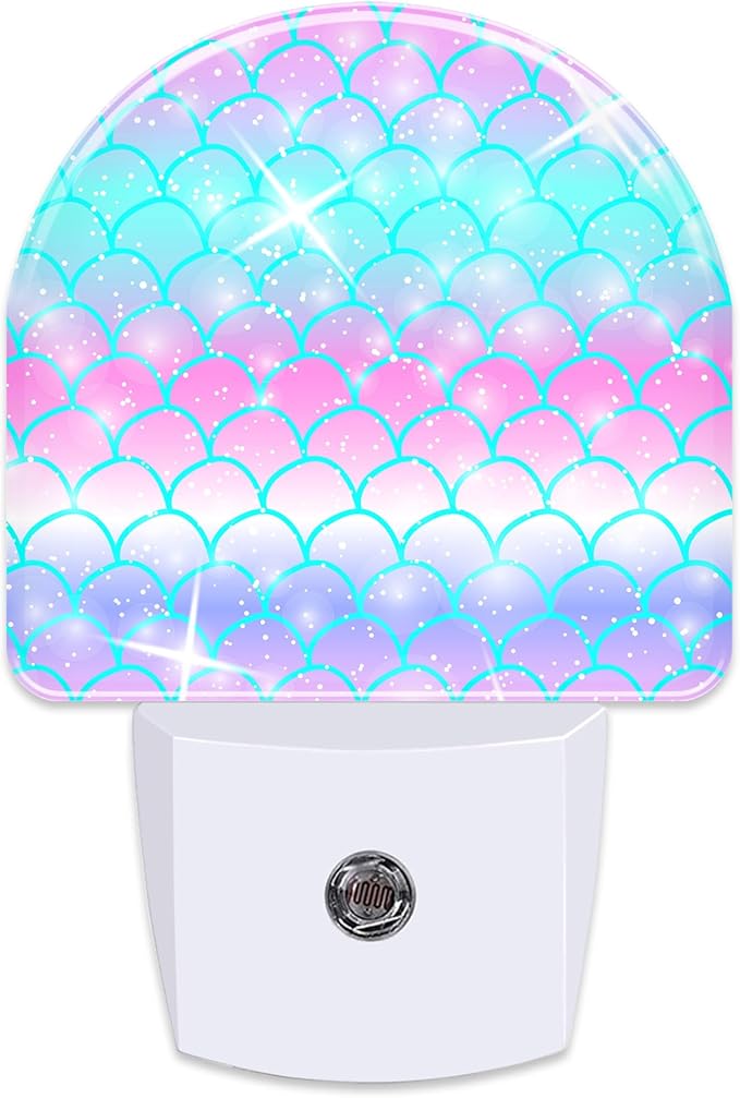 Rainbow Glitter Mermaid Scales Night Light Plug into Wall,Watercolor Pink Purple Teal Fish Scale Dusk to Dawn Night Light,0.5w Energy Saving Nightlights for Kids Boys Girls Home Decor