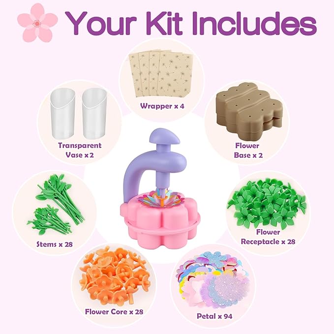 Fabric Flower Bouquets Toys, DIY Craft Kits Toys for Kids, Educational Arts & Crafts Toy, Build Your Own Flowers, DIY Creative Activity Christmas Birthday Gift for 4 5 6 7 8+ Year Old Toddler Girls