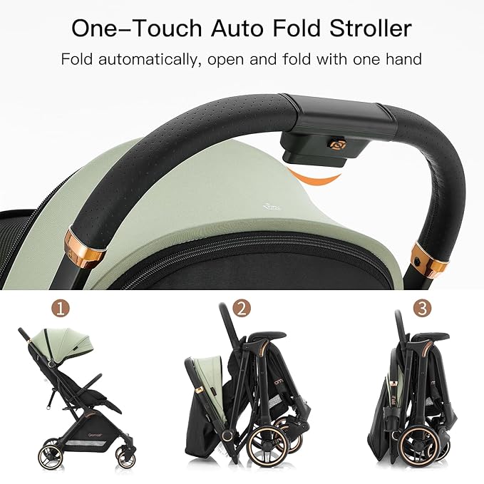 Gravity Folding Baby Stroller - Portable Travel Toddler Stroller w/Adjustable Backrest & Canopy, Cup Holder, Lightweight and UV Protected, One-Hand Automatic Folding - Green