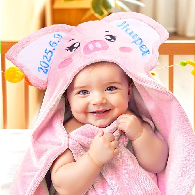 Custom Hooded Baby Towel with Name, Soft and Absorbent Customized Pig Toddler Towels, Baby Bath Towels for Boys and Girls, Easter Birthday Towel for Kids，Babies, Toddlers, Newborns Essential