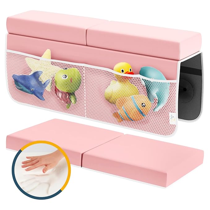 Memory Foam Bath Kneeler and Elbow Rest Pad Set, 2-Inch Thick, Water-Resistant Mat – Baby Bath Time Essentials Cushion and Bath Kneeling Pad for Bathing Baby with Bathtub Toy Organizer (Pink)