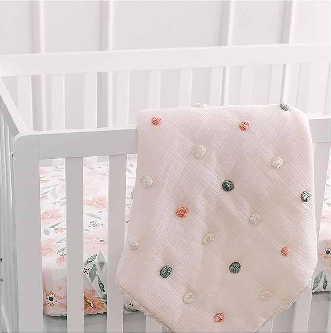 Crane Baby Soft Cotton Muslin Nursery Blanket with Pom Pom Trim, 36" X 36", Stroller Blanket for Girls, Pink Nursery Decor, for Girls, 100% Cotton, Polka Dot