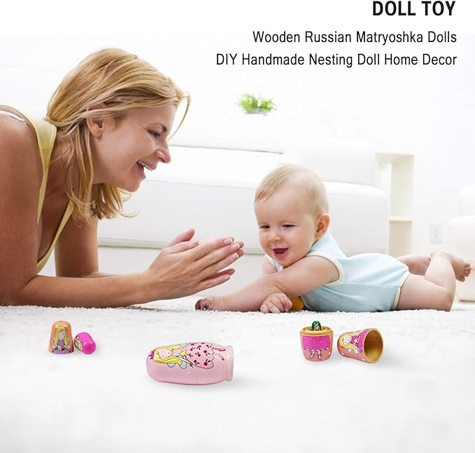 5 Pieces Cute Nesting Dolls Matryoshka Doll Russian Handmade Wooden Dolls Cartoon Angel Girl Pattern Toy Gift 6" Tall