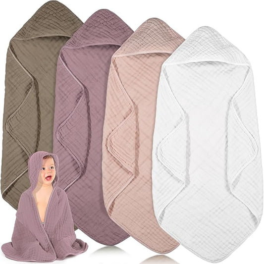 Peryiter 4 Pcs Muslin Hooded Baby Towels, 32"x 32" Cotton Newborn Bath Towel Muslin Infant Baby Blankets Absorbent Unisex Christmas Registry Gift Essentials for Girls Boys (Coffee)
