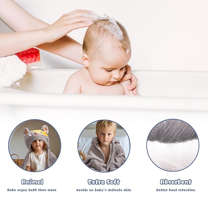 Baby Towels with Hood 0-5 Years, 2 Pack Coral Fleece Large Size 50 in*32 in Toddler Bath Towel, Ultra Absorbent Thick Soft for for Baby Kids Chirdern, Blue&Grey Set