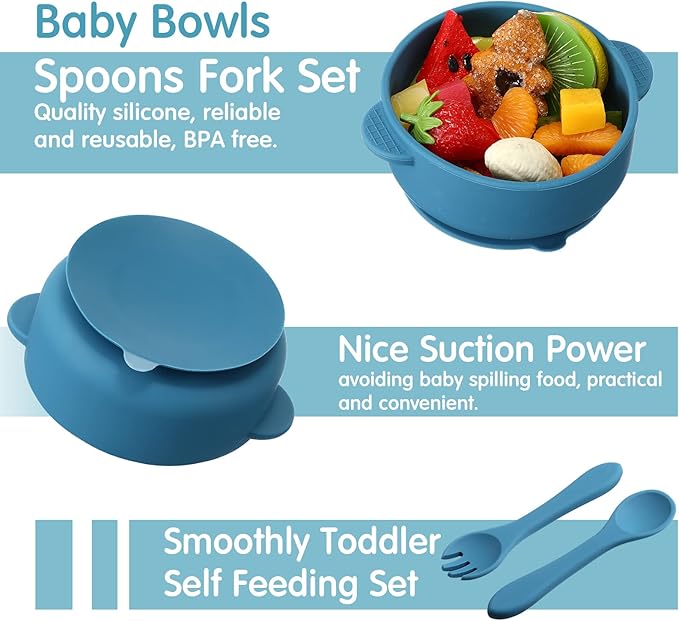 Chengu 12 Pcs Silicone Bowl with Suction Set for Baby Toddler with Suction Plate, Spoon and Fork, Divided Design Baby Feeding Utensils Weaning Kit, Dishwasher and Microwave Safe