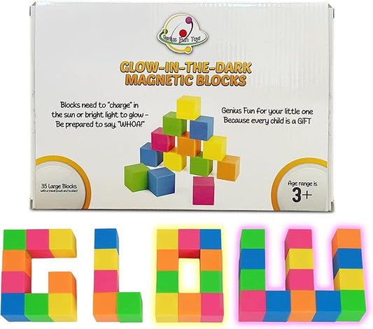 Glow in The Dark Toys Magnetic Building Blocks 35 PCs Neon Block – Safe Magnet Blocks for Kids & Toddlers Aged 4-8 | Magnetic Building Cubes w/Manual & Travel Pouch – STEM Educational Toys